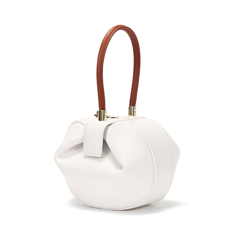 HIFASHION Small Genuine Leather Single Top Handle Bag Women Elegant Going Out Evening Party Pouch Purses Round Luxury Handbags