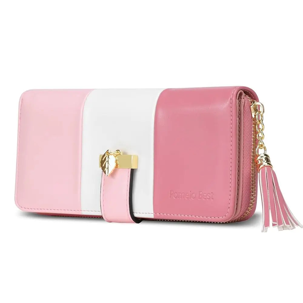 Pomelo Best 2026 Women RFID Wallet Color Block PU Clutch Multi Card Slots Phone Compartment Zipper Ladies Travel Coin Purse