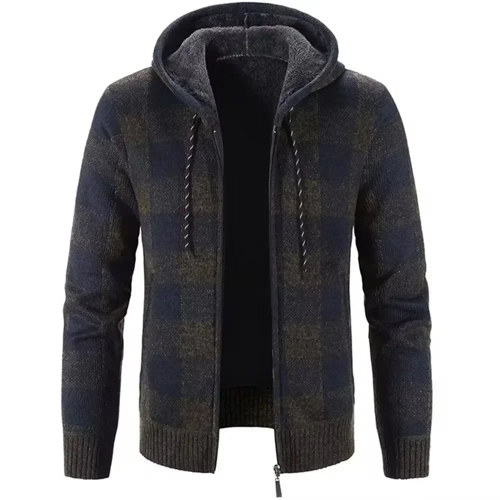 Men's Autumn Winter New Hooded Plaid Printed Long Sleeve Sweater Casual Zipper Cardigan Coat Plush Large FleeceThick Coat