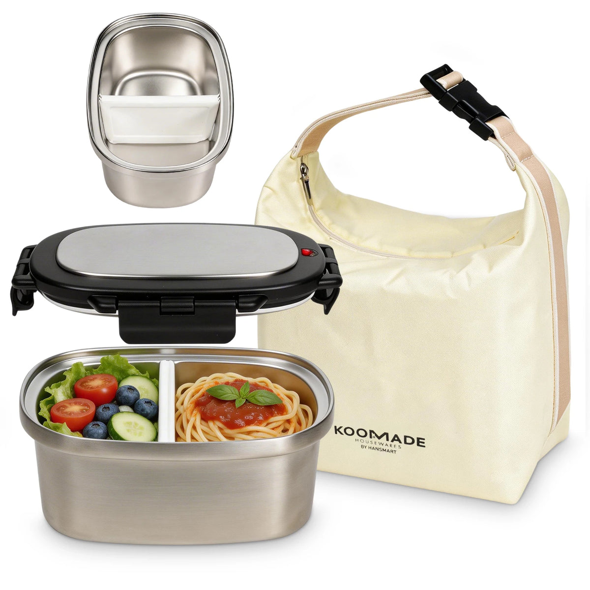 Fiambrera térmica aislada al vacío KOOMADE con bolsa térmica, acero inoxidable 304, caja bento dividida a prueba de fugas, mantiene el calor 4h y el frío 8h, recipiente de comida portátil para oficina y pícnic