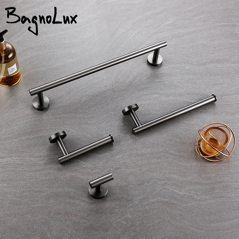 Brushed Gunmetal Grey Bathroom Accessories Hardware Set Towel Rack Toilet Roll Paper Holder Bar Hanger Hook Stainless Steel