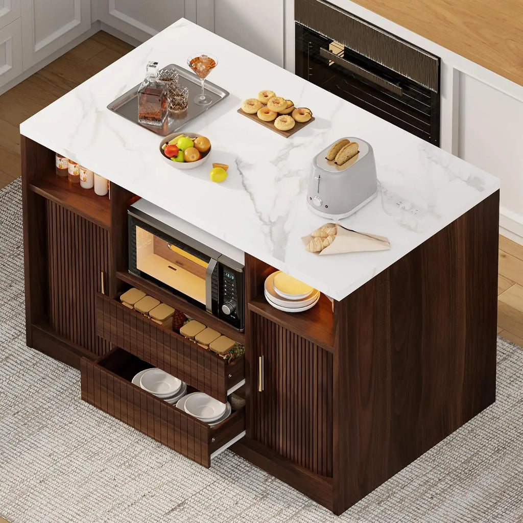 Kitchen Island Storage & Power Outlet, Kitchen Island Table with Drawers & Shelves, Dining & Prep Station, Customized