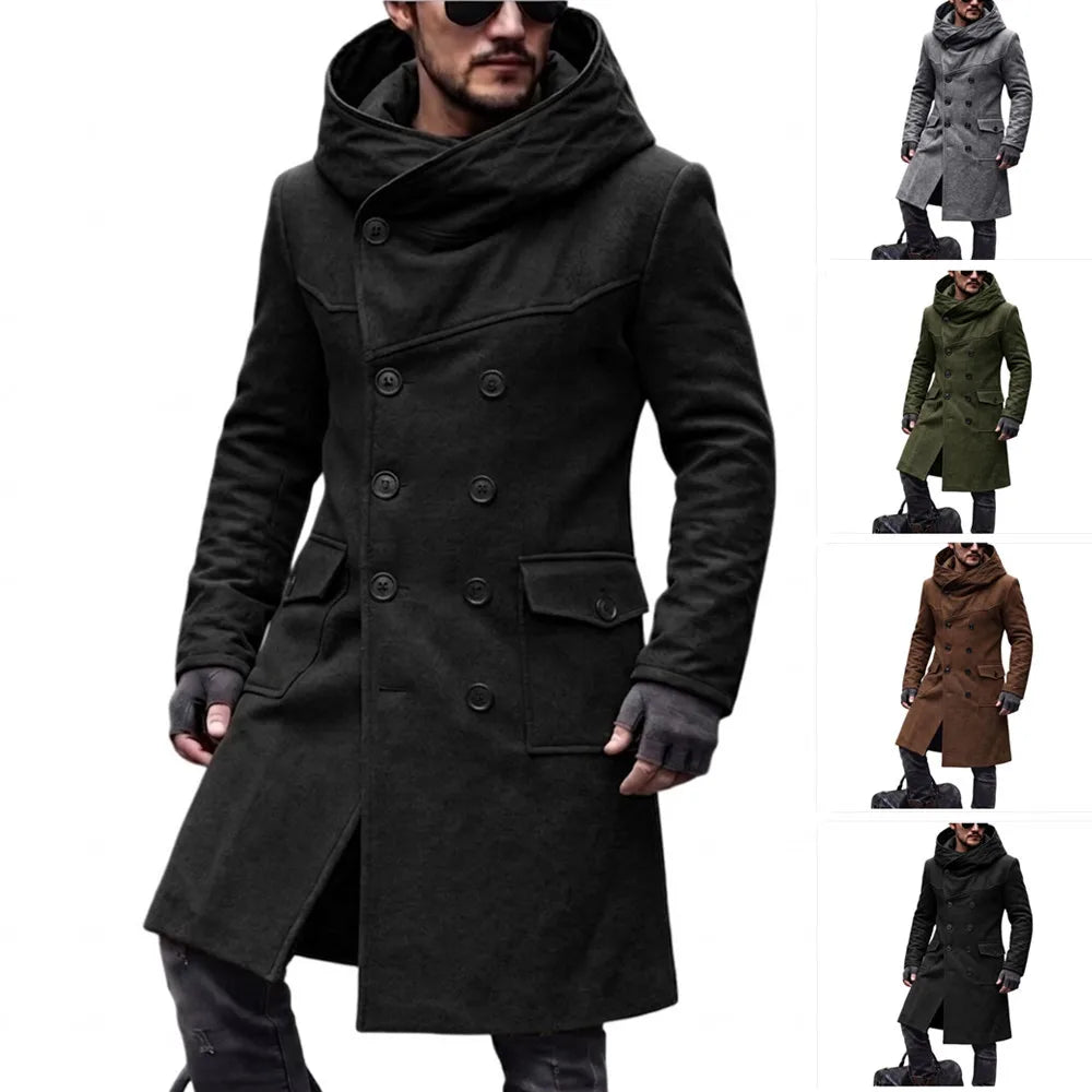 Men Hooded Wool Blends Trench Coat Double Breasted Mid Length Overcoat Work Casual Thick Warm Jacket Pockets Autumn Winter 2026