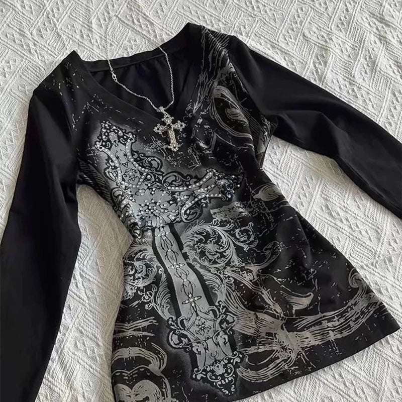 Damen-T-Shirt im 90er-Hip-Hop-Vintage-Punk-Stil, Herbst-Streetwear, sexy, kurzärmelig, Gothic, figurbetontes Croptop, Hotgirl, lässiges Femme-T-Shirt, Y2K