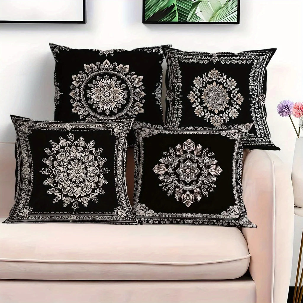 Luxuriöses schwarzes Mandala-Kissenhüllen-Set, 4-teilig, marokkanische Ethno-Kissenbezüge für Sofa, Schlafzimmer und Wohnaccessoires