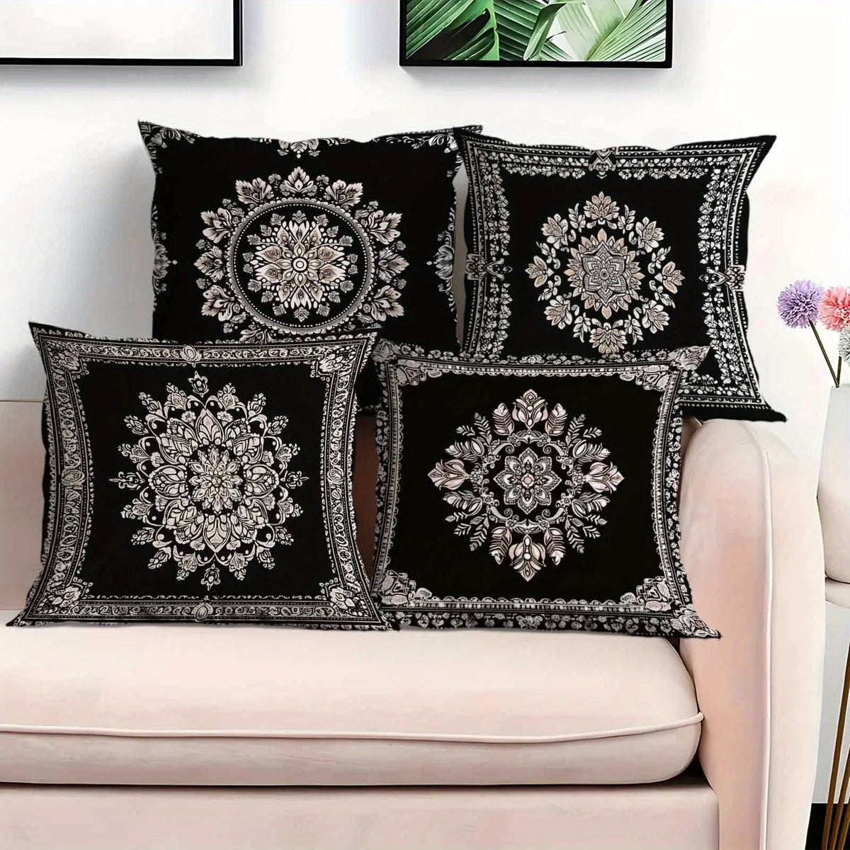 Luxuriöses schwarzes Mandala-Kissenhüllen-Set, 4-teilig, marokkanische Ethno-Kissenbezüge für Sofa, Schlafzimmer und Wohnaccessoires