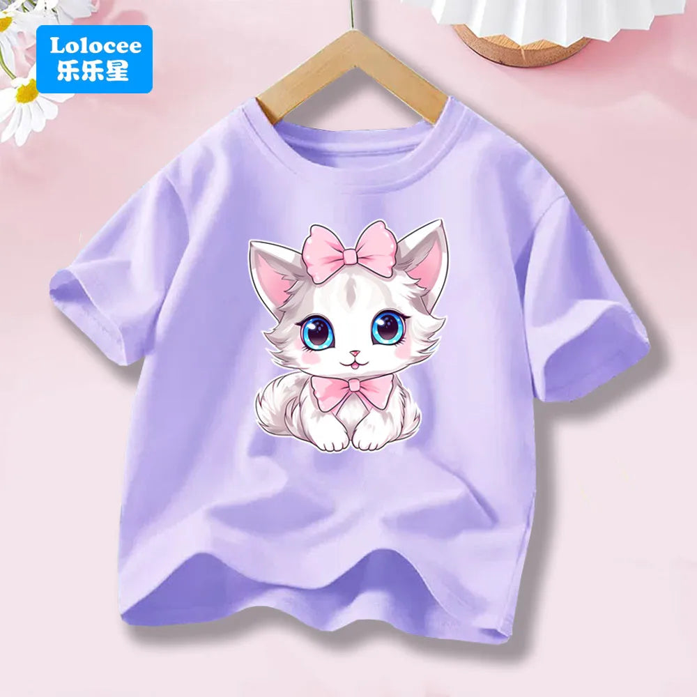 Girls’ Cat-Print Short-Sleeve T-Shirt