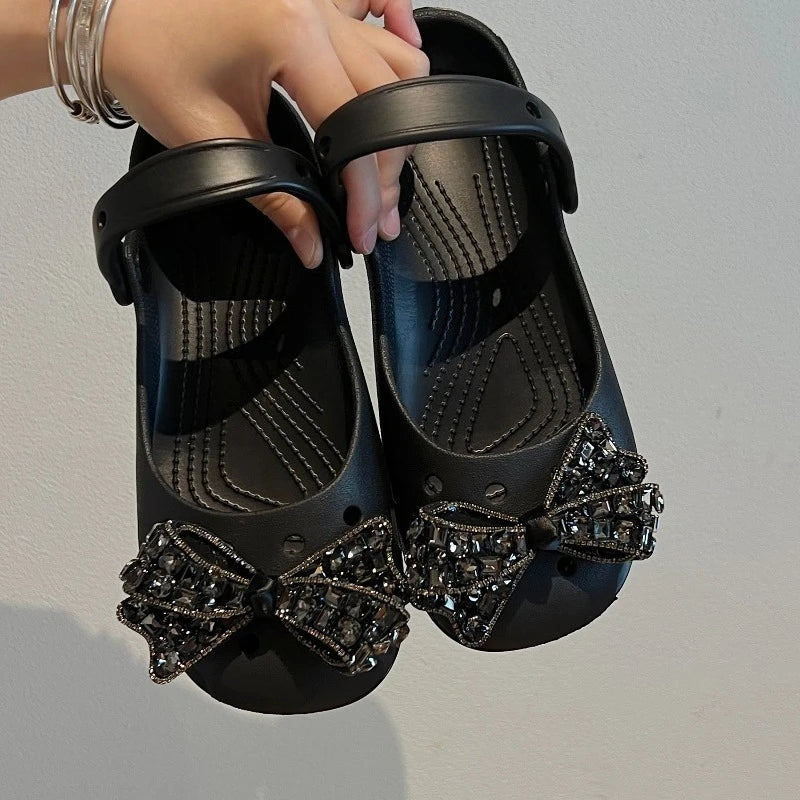 Elegantes adornos con lazo y diamantes de imitación para zapatos, accesorios de moda DIY para zuecos tipo ballet con agujeros, sandalias, fiestas, vacaciones y regalos.