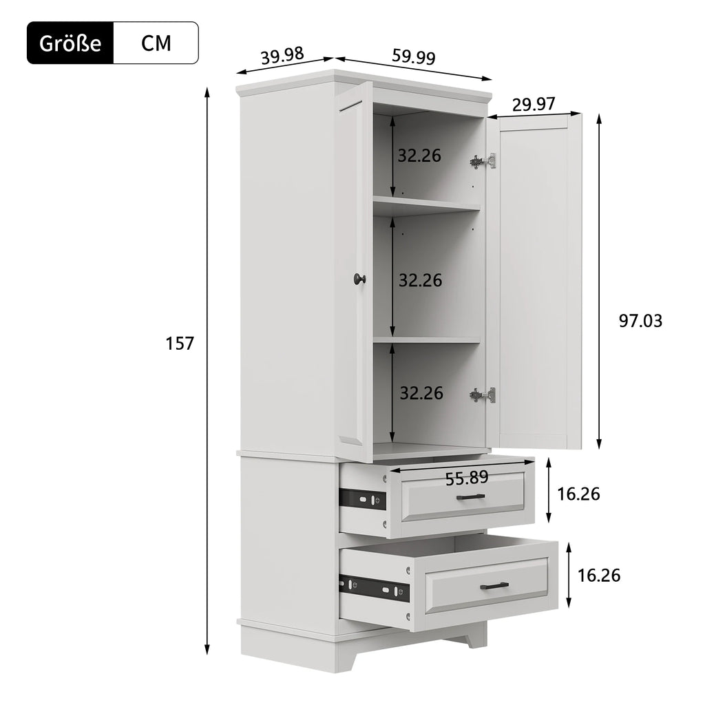 Comanlai moderner weißer Aufbewahrungsschrank 157 x 60 x 40 cm, multifunktionaler Holzschrank mit 2 Türen und 2 unteren Schubladen, einfach aufzubauendes Bücherregal und Ablagesystem für Wohnzimmer, Schlafzimmer, Küche, Badezimmer und Büro