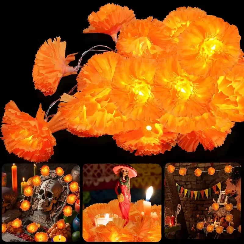 5 Ft LED Orange Marigold Garland Lights for Day of The Dead Halloween Diwali Christmas Party Home Decoration