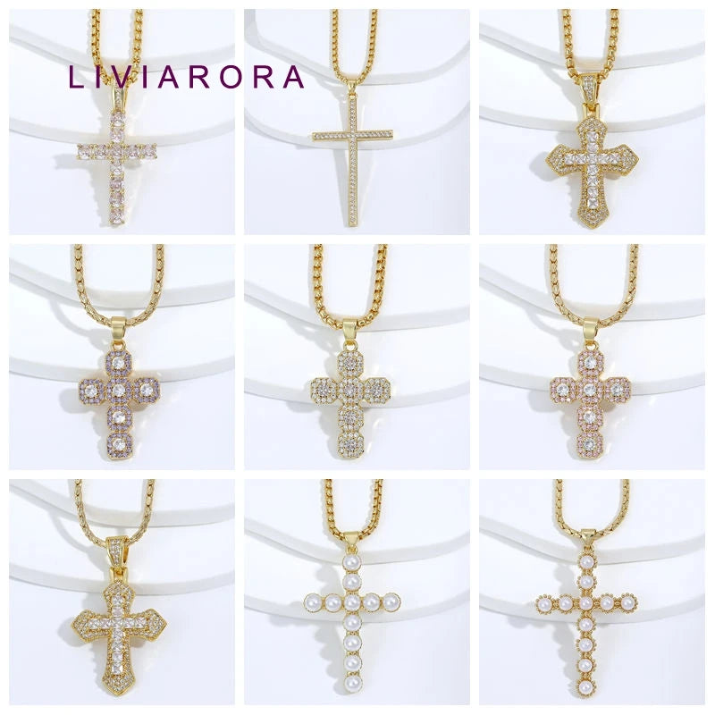 1Pc 18K Gold Plated Brass Iced Out Cross Pendant Necklace Hip Hop Religious Cross Pendant Necklace For Unisex Jewelry Gift