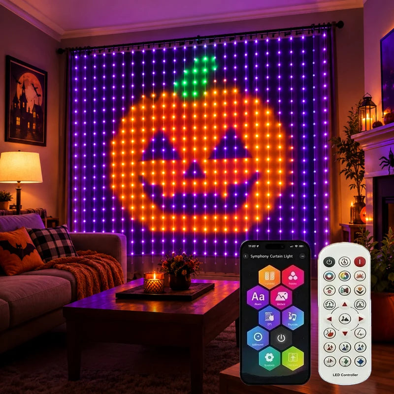 Rideau lumineux à LED RVB contrôlé par application intelligente, motifs personnalisables programmables et affichage de texte, guirlande lumineuse synchronisée sur la musique pour décoration d’Halloween et de Noël aux fenêtres et sur les murs