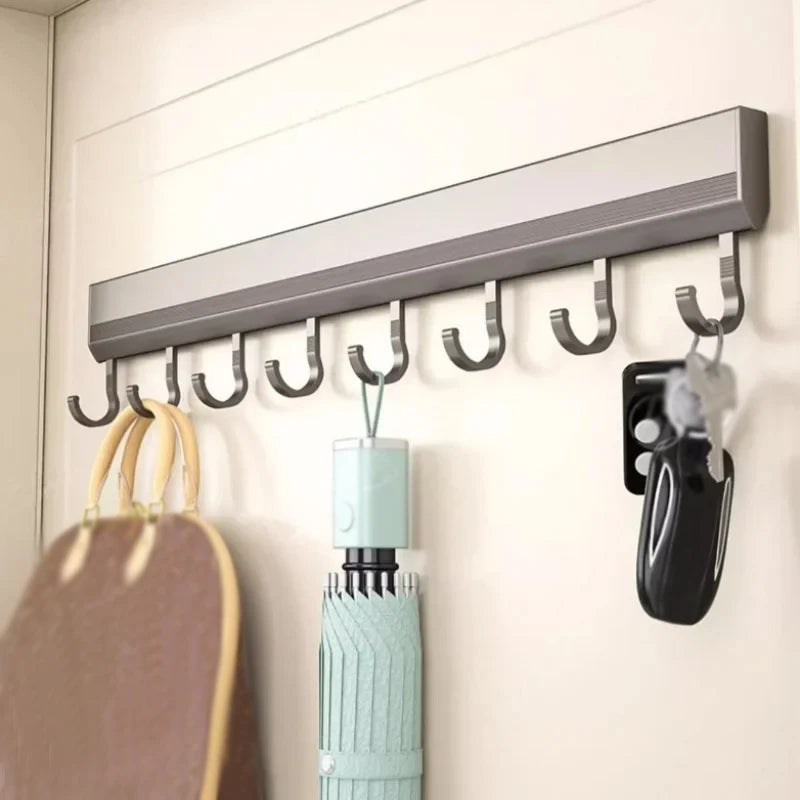 Estante de almacenamiento de cocina de aleación de aluminio con ganchos, montado en la pared, para utensilios de cocina, batas y toallas