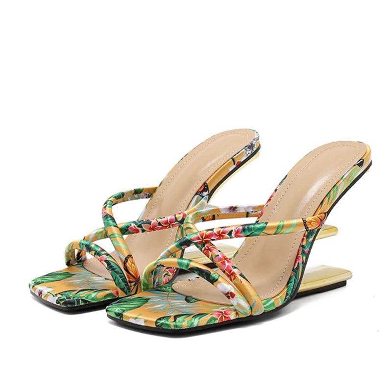 Sandali mules donna Liyke multicolore con tacco scultoreo dorato