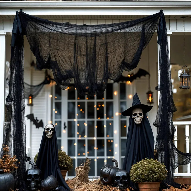 Telas Negras Espeluznantes para Halloween 76x198cm Telas de Malla Tipo Queso Telas de Gasa para Fiesta de Halloween Telas de Malla para Telarañas de Pared Telas para Escenas de Terror Accesorios