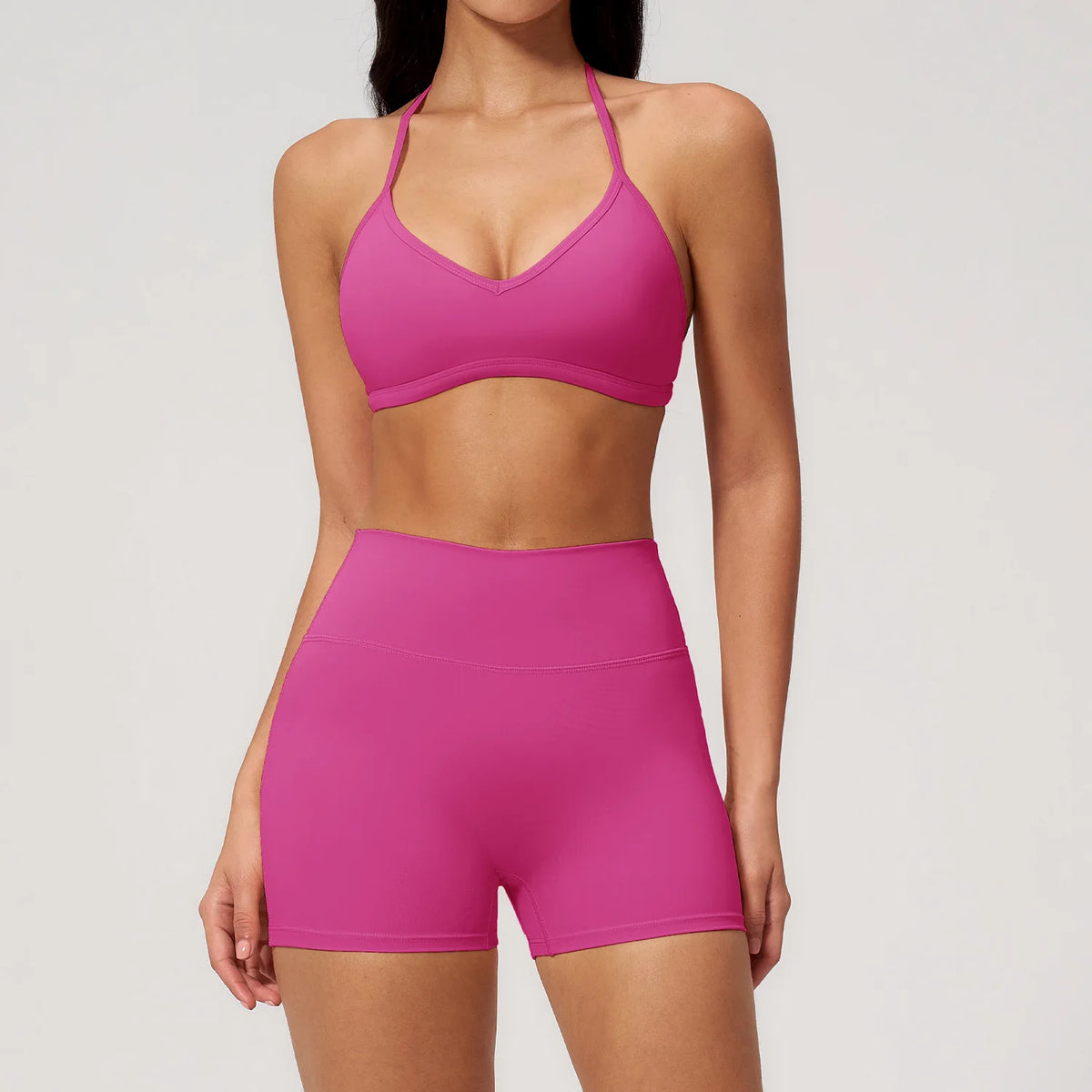 2-teiliges Yoga-Set für Damen, Trainingsanzug mit rückenfreiem Neckholder-Top und High-Waist-Shorts, Fitness-Sportbekleidung für das Training