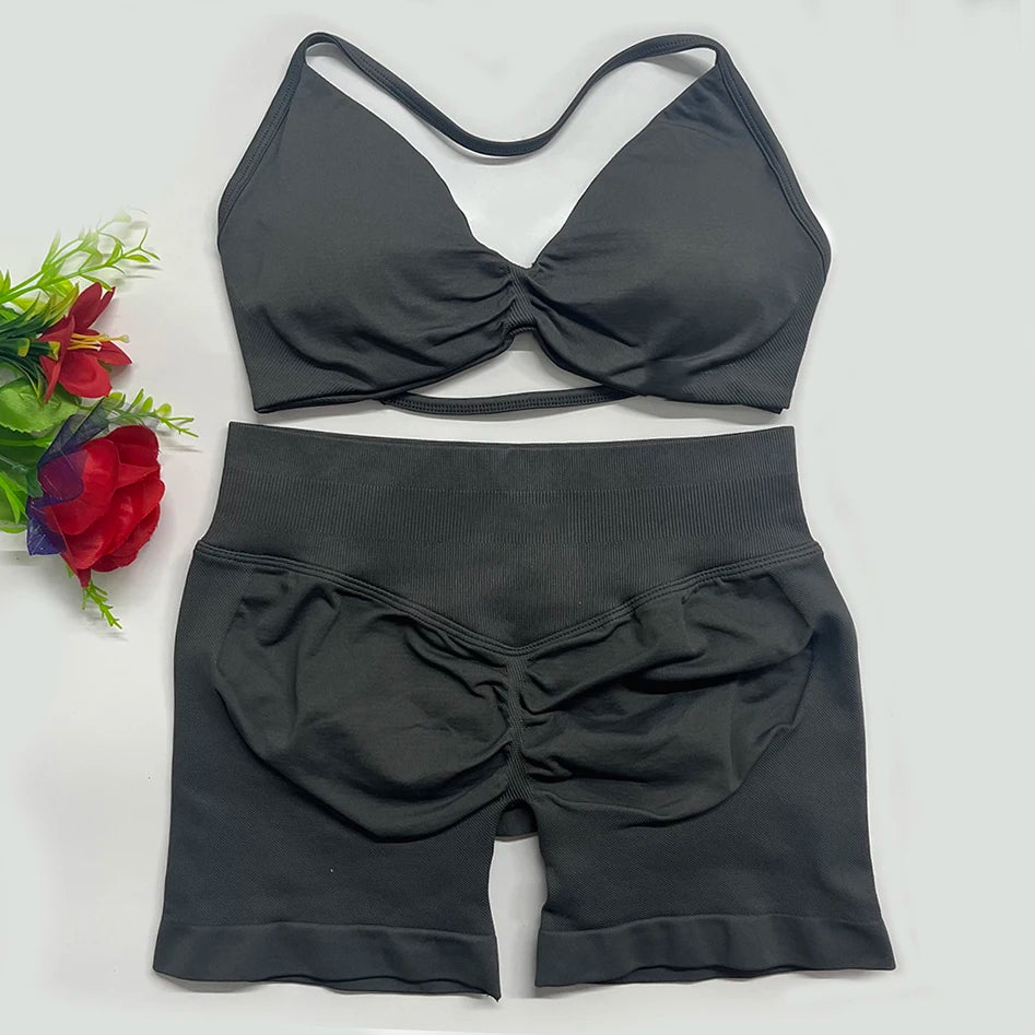 2PCS DF Gym Set Women Strappy Yoga Bra Top Sportswear Workout Scrunch Shorts Sports Suit Seamless Set Fitness Clothes