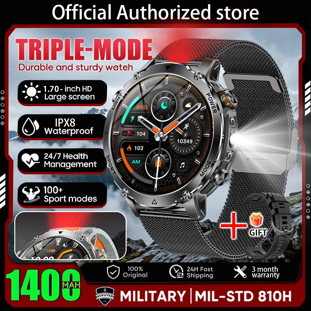 2026 New Outdoors Military 1400mAh Battery Smart Watch Men IP69K Waterproof LED Flashlight Heart Rate Sports Tracker Smartwatchs