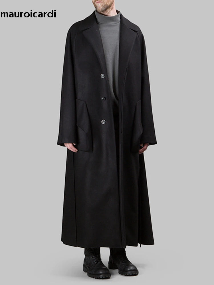 Mauroicardi Autumn Winter Extra Long Black Oversized Soft Wool & Blends Coat Men Single Breasted Luxury Designer Fashion 2023