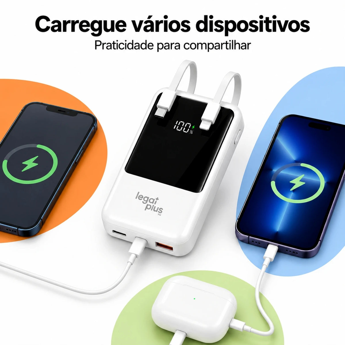 Power Bank 12000mAh Con 2 Cables Integrados Pantalla Digital Carga Rápida PD 22.5W Para Celular
