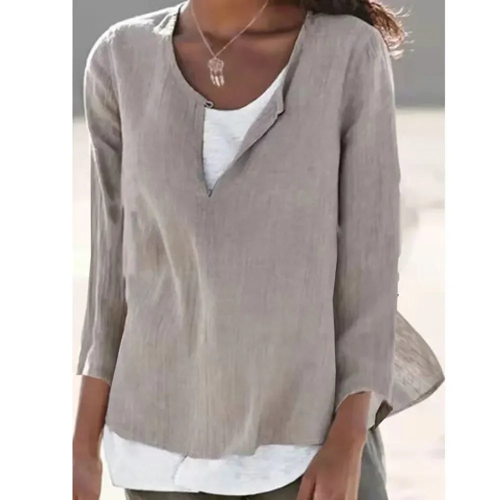 New Summer Autumn Women's Linen Cotton T-shirts Solid Color V Neck Top Casual Loose Long Sleeve Lightweight Pullovers