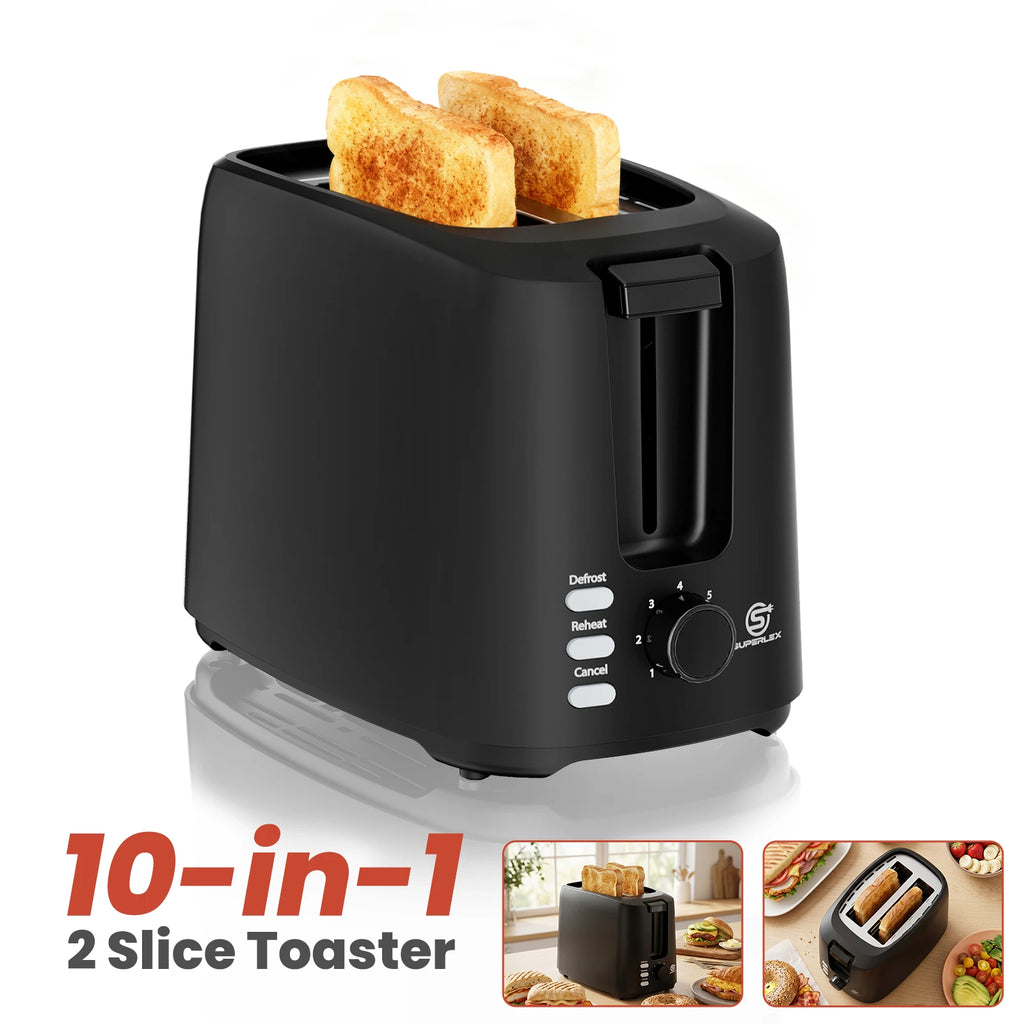 Tostadora SUPERLEX de 2 rebanadas con ranuras anchas, 6 modos, funcionamiento automático y 3 botones, pequeña, de acero inoxidable, para pan
