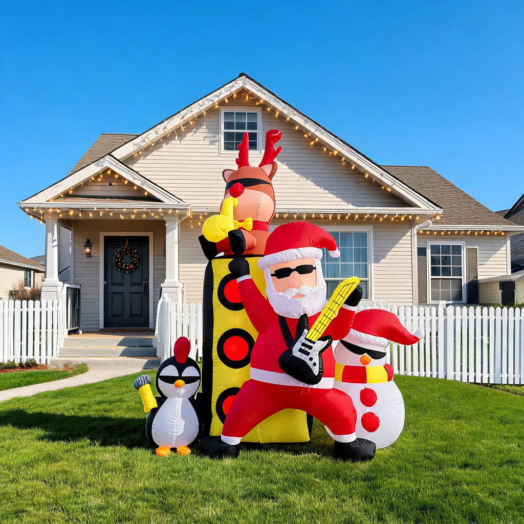Christmas Inflatable Yard Decoration Santa with Drum Band Outdoor Holiday Lawn Inflatable Set Group Scene Snowman Penguin Reindeer Built In Fan LED Lights Waterproof Polyester Holiday Decor Supplies
