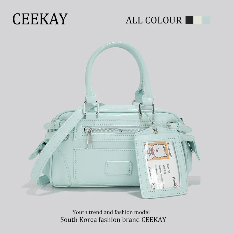 2026 New CEEKAY Boston Bag, Patent Leather Handbag with Card Holder Pendant, Casual Shoulder Bag for Women Casual Crossbody Bag