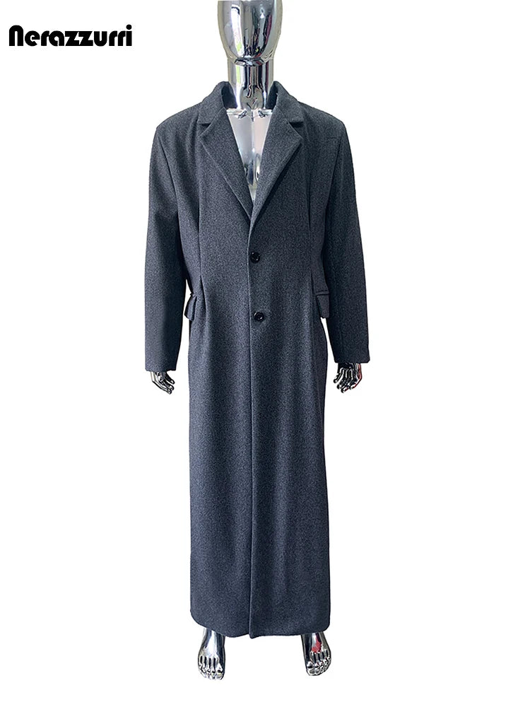 Nerazzurri Autumn Winter Extra Long Warm Fitted Grey Wool Blends Coat Men Luxury Floor Length Woolen Overcoat Menswear Clothes