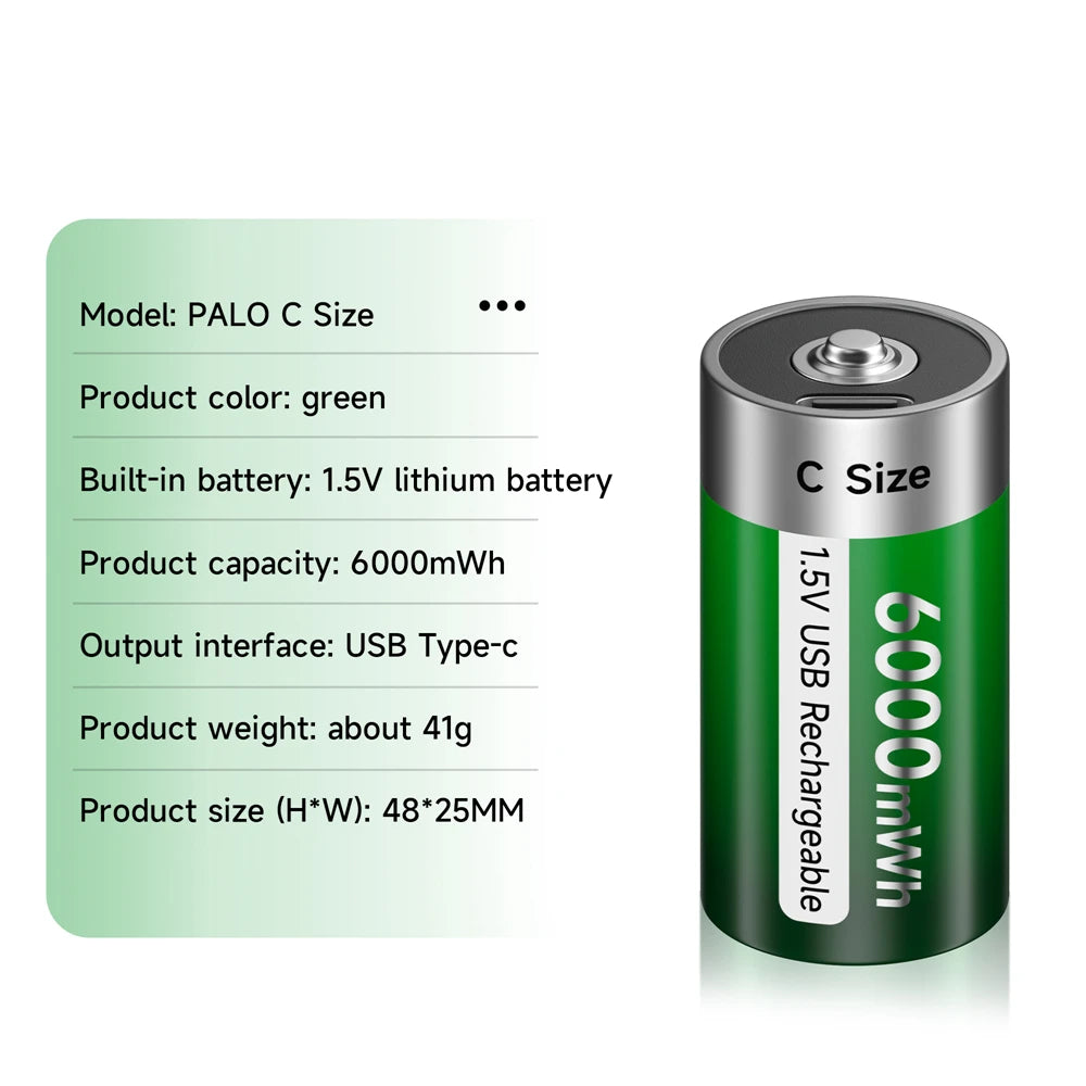 Batterie rechargeable au lithium Palo 1,5 V R14 LR14 avec chargement USB, batterie Li-ion taille C pour chauffe-eau, gazinière, radio, rasoir