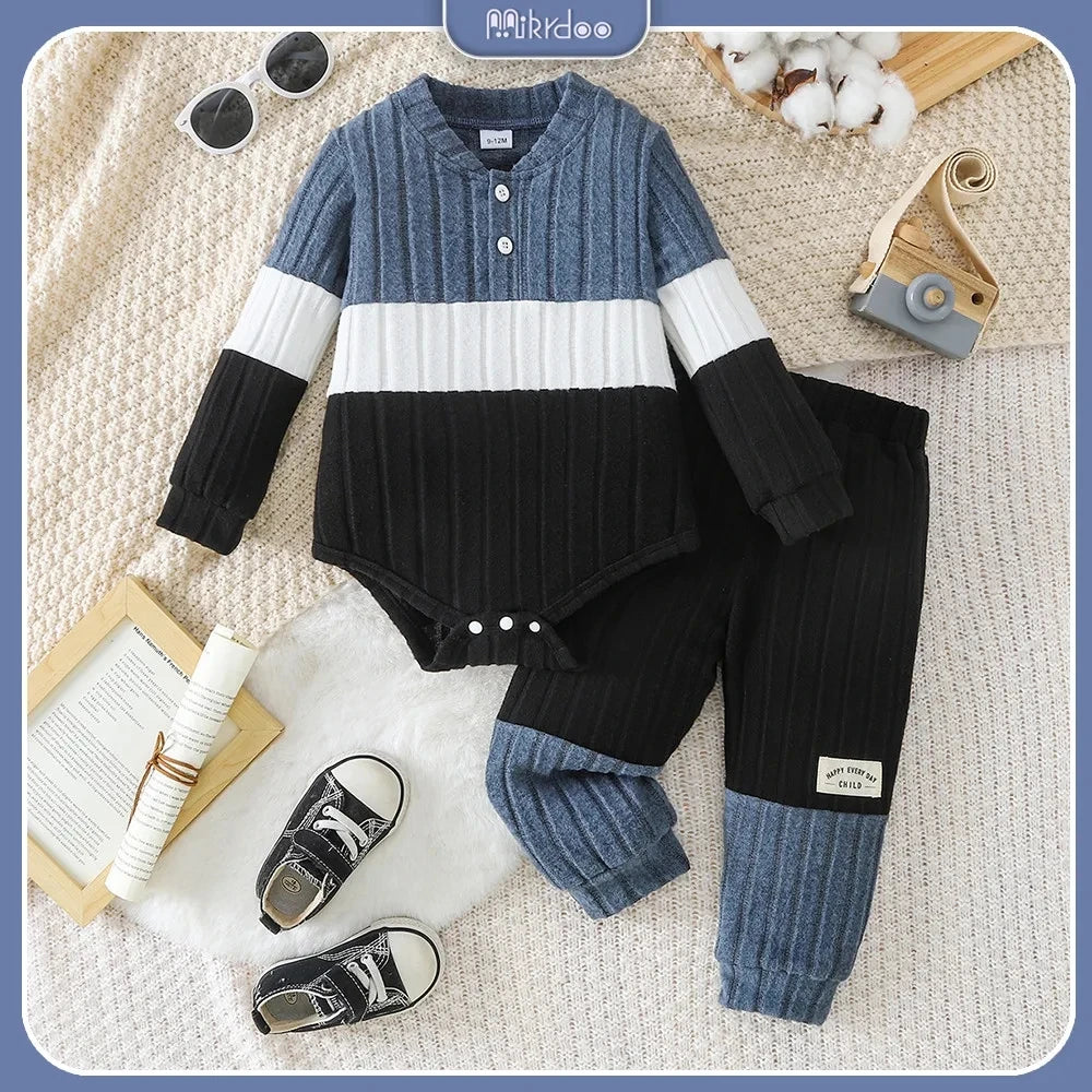 0–2 Jahre Baby-Herbstset für Jungen, Color-Blocking-Design, gestreiftes Strickoberteil mit langen Ärmeln und Hose mit Einsätzen, 2-teiliges Set, lässige Babykleidung