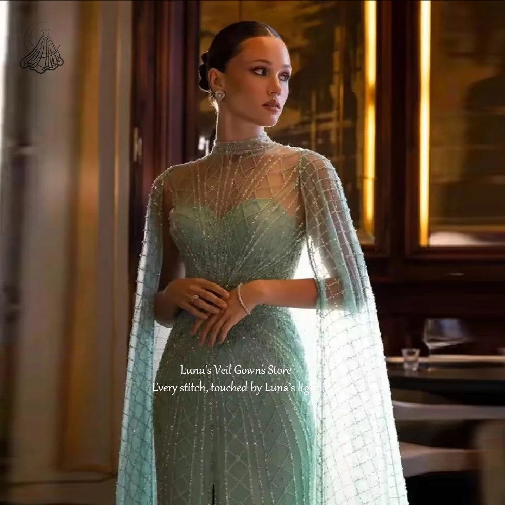 Long formal dress with round neck and long sleeves