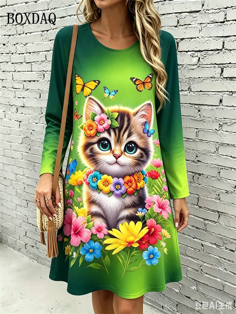 Abito corto da donna a stampa animalier e maniche lunghe