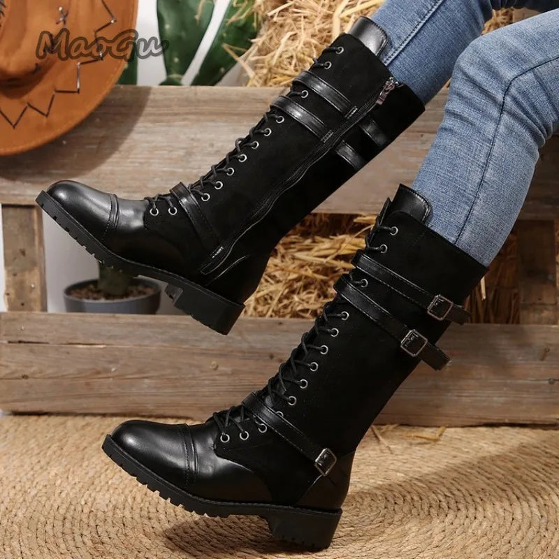 Women's Plus Size 35-43 Chunky Heel Lace Up Riding Boots Mid Calf Leather Boots Round Toe Autumn Fashion Cowgirls Shoes Side Zip