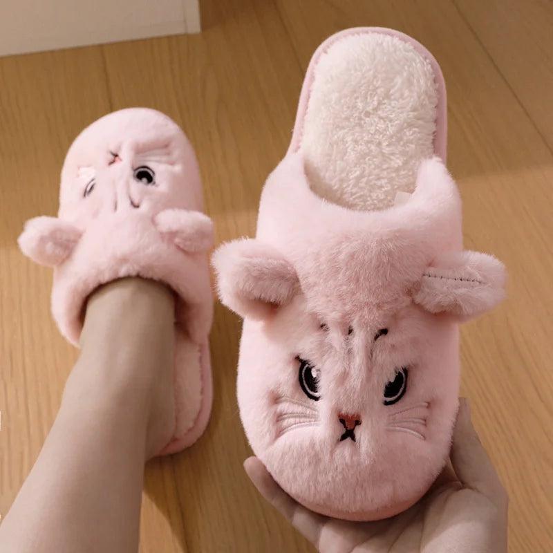 Winter Cute Cat Cotton Slippers Couple Funny Casual Soft Sole Slides Adults Indoor Floor Homewear Sandals Women Quiet Flip Flops