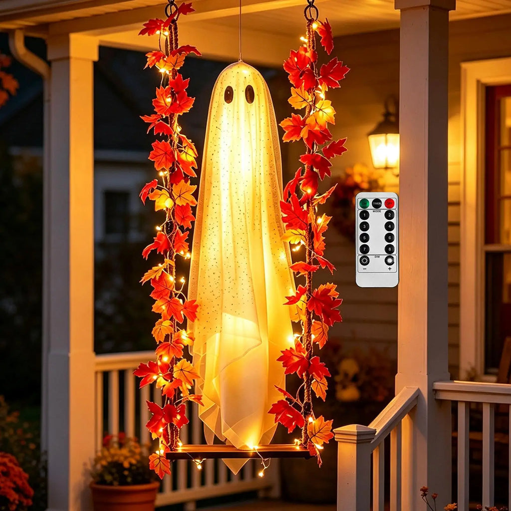 Leuchtende schaukelnde Geister-Dekoration für die Halloween-Veranda, hängende Geister-Schaukel-Dekoration mit beleuchtetem Hexenhut für den Garten
