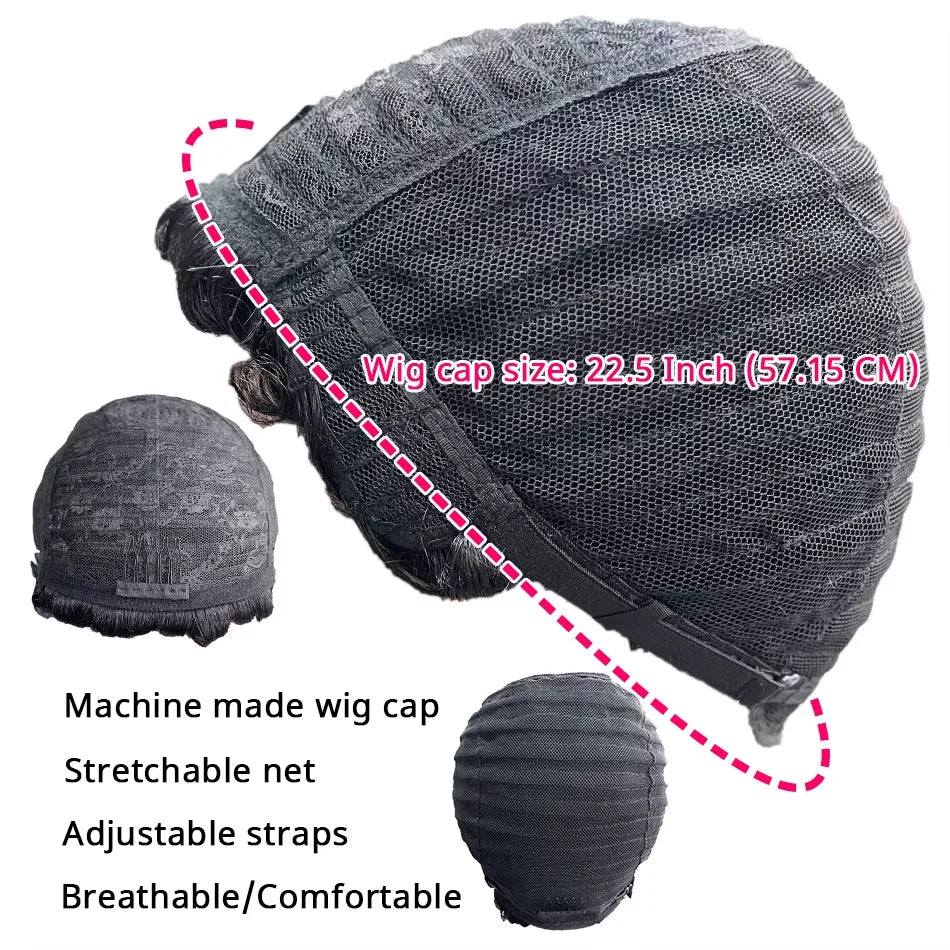 1B# Pixie Cut Human Hair Wig for Women 6" Layered Short Loose Curly with Bangs 180% Density Remy Brazilian Hair Rose Net Cap