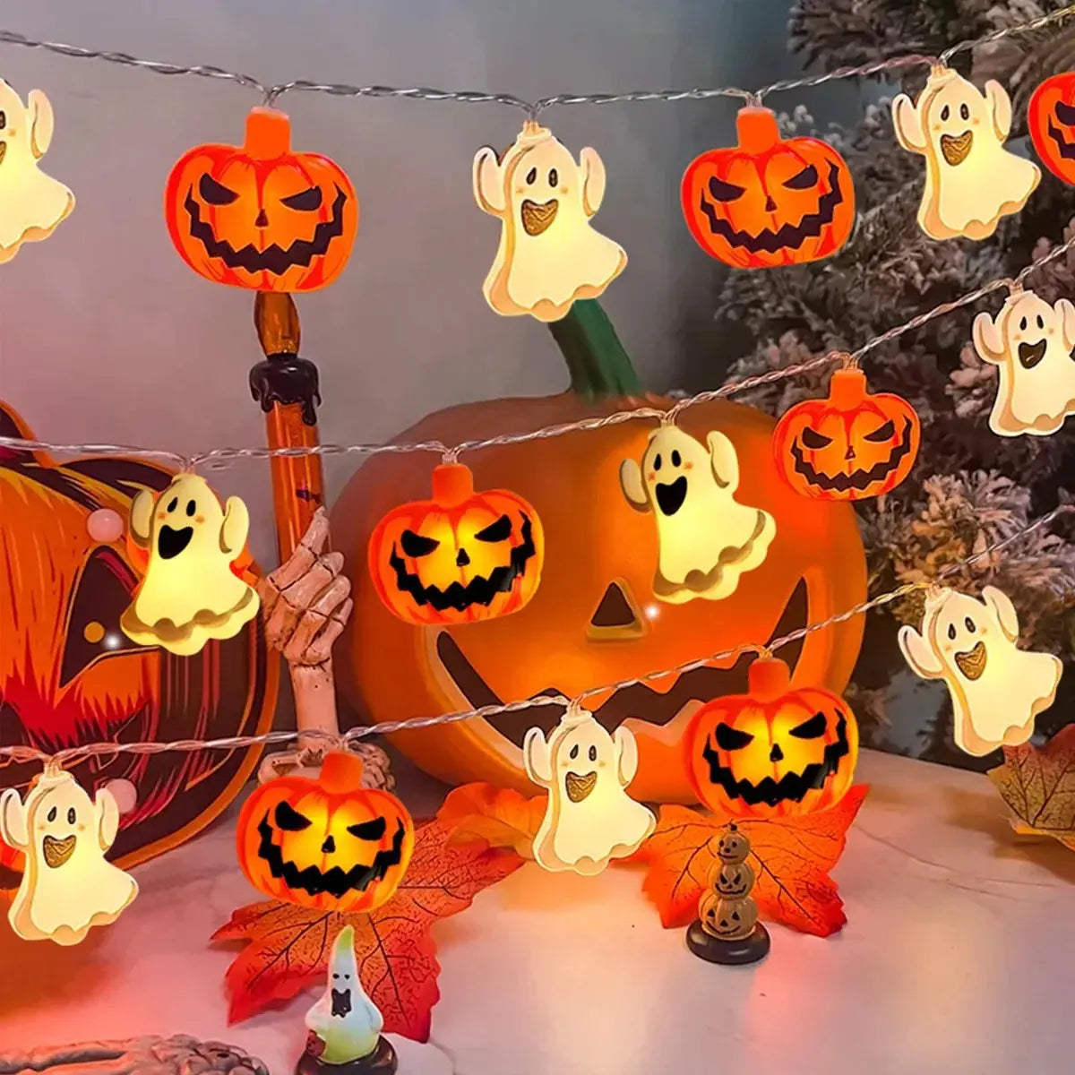 1 pièce, guirlande lumineuse Halloween à 10/20 LED à un seul niveau, avec citrouilles et fantômes, à piles, pour la maison, le jardin et les fêtes d’Halloween
