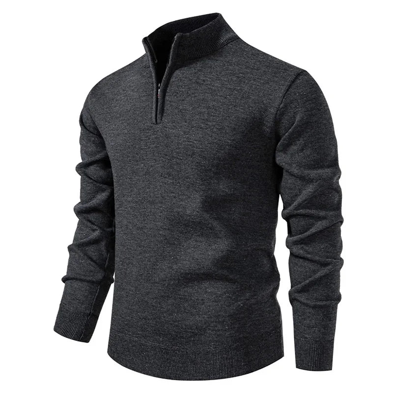 Autumn Men's Fleece Sweater Half Zipper Mock Neck Windproof Knitted Pullovers Thicken Warm Solid Color Casual Knitwear