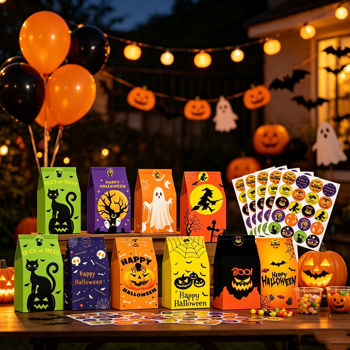 90Pcs Halloween Paper Gift Bags With Stickers Trick or Treat Candy Goodie Snack Bags Kids Halloween Party Favor Decor Supplies
