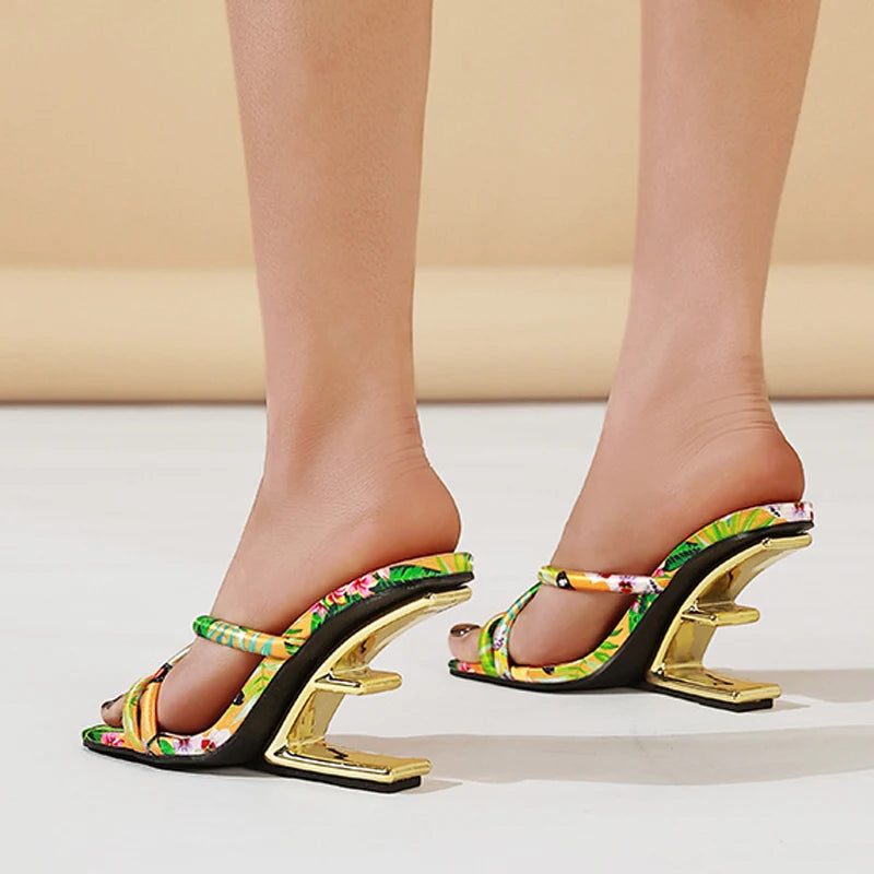 Sandali mules donna Liyke multicolore con tacco scultoreo dorato