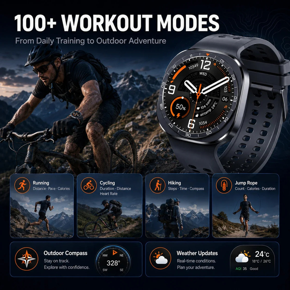 2026 W9 400mAh Men Smart Watch Multi Sport Modes Fitness Tracking Bluetooth Calling Large Battery SOS Outdoor Compass Smartwatch