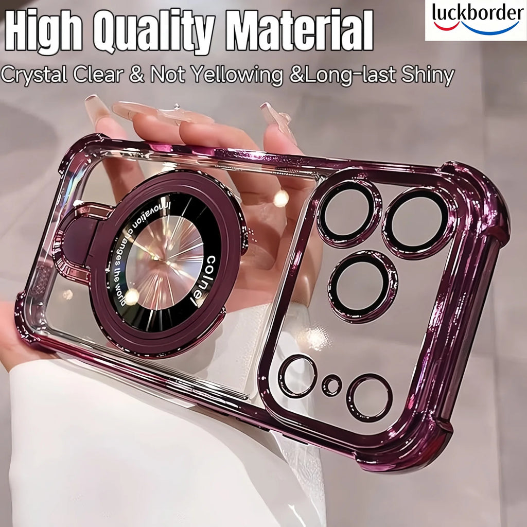 For iPhone 18 17 Pro Max Case Clear with Magnetic Ring Stand Lanyard, Luxury Design Camera Lens Protector Plating Case,Burgundy