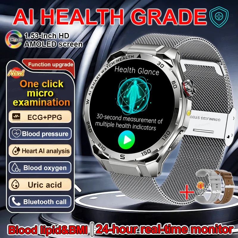 New AI Health Diagnose Smart Watch ECG+PPG Physical examination BP BO2 Uricacid Call Health Tracker Smartwatch For Men Women IOS