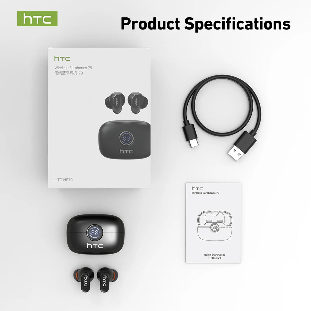 Écouteurs HTC NE79 TWS Bluetooth 6.0, traduction par IA dans 135 langues, réduction de bruit ENC, casque stéréo HiFi avec écran LED