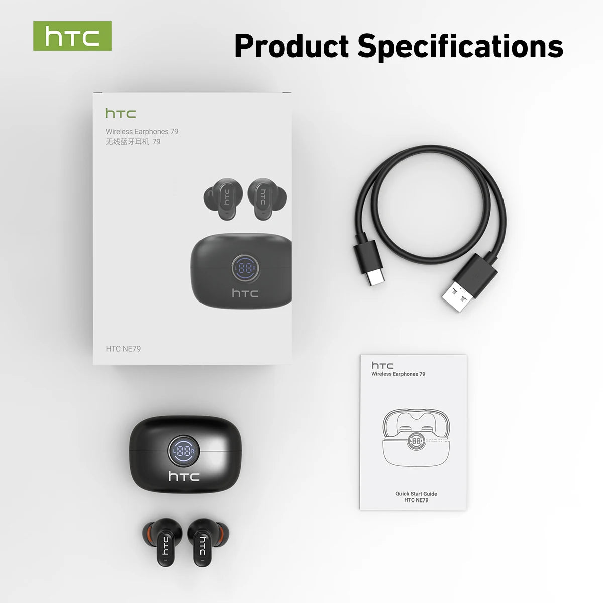 Écouteurs HTC NE79 TWS Bluetooth 6.0, traduction par IA dans 135 langues, réduction de bruit ENC, casque stéréo HiFi avec écran LED