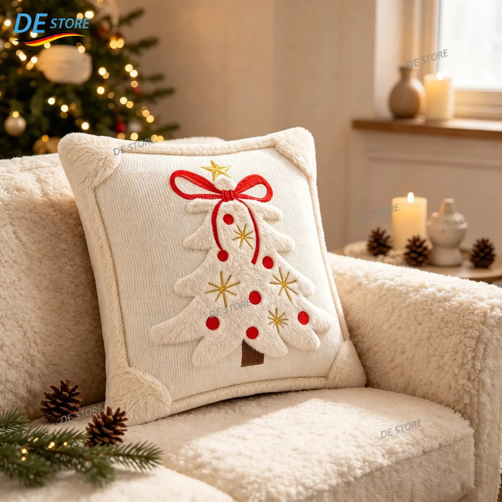 3D-Jacquard-Kissenbezug mit Winterplüsch und gestickter Schleife und Stern, Weihnachtsdekoration, 45 x 45 cm, Geschenk zu Weihnachten und Neujahr