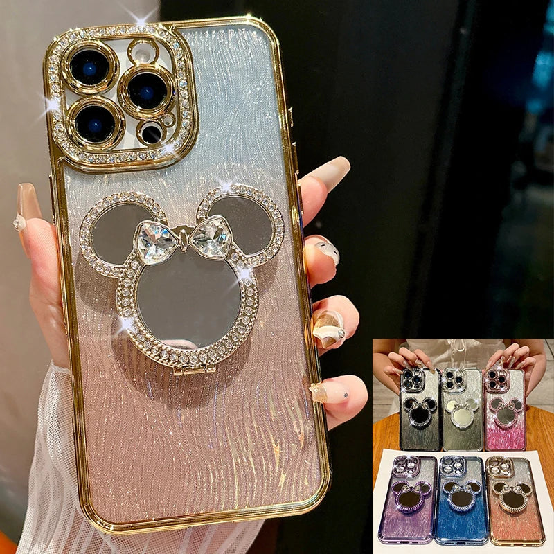 Luxury Glitter Cute Mirror Case For iPhone 18 ProMax 17 Air 16 15 Plus 14 Pro 13 12 Pro Max Rotation Bracket Half Wrapped Cover