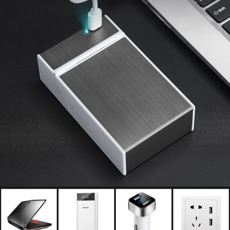 Pitillera para 20 cigarrillos con encendedor de hilo de tungsteno, carga USB, resistente al agua y a la humedad para exteriores, encendedor electrónico