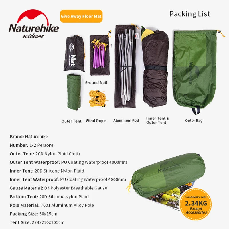 Naturehike Cloud Peak Camping Tent 2 Person 20D Ultralight Double Layer T pokemon pinata Waterproof Tent Outdoor Travel Hiking 4 Season
